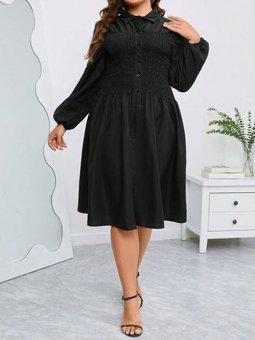 Plus Solid Button Front Shirred Shirt Dress