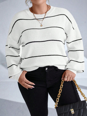 Plus Striped Pattern Drop Shoulder Sweater