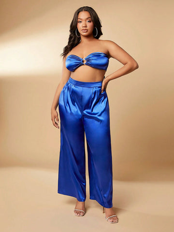 Plus Ring Detail Tie Back Tube Top and Palazzo Pants