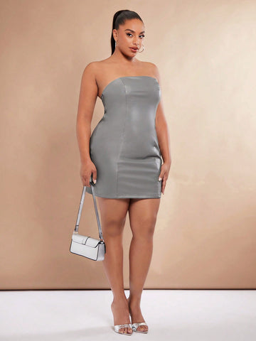 Plus Solid PU Leather Tube Bodycon Dress