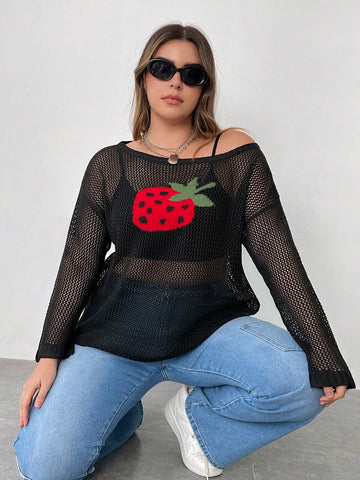 Plus Strawberry Embroidery Drop Shoulder Open Knit Sweater Without Bra