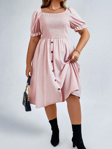 Plus Square Neck Puff Sleeve Fake Button Dress