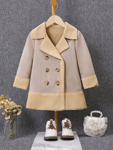 Young Girl Double Breasted Contrast Trim Teddy Lined Coat