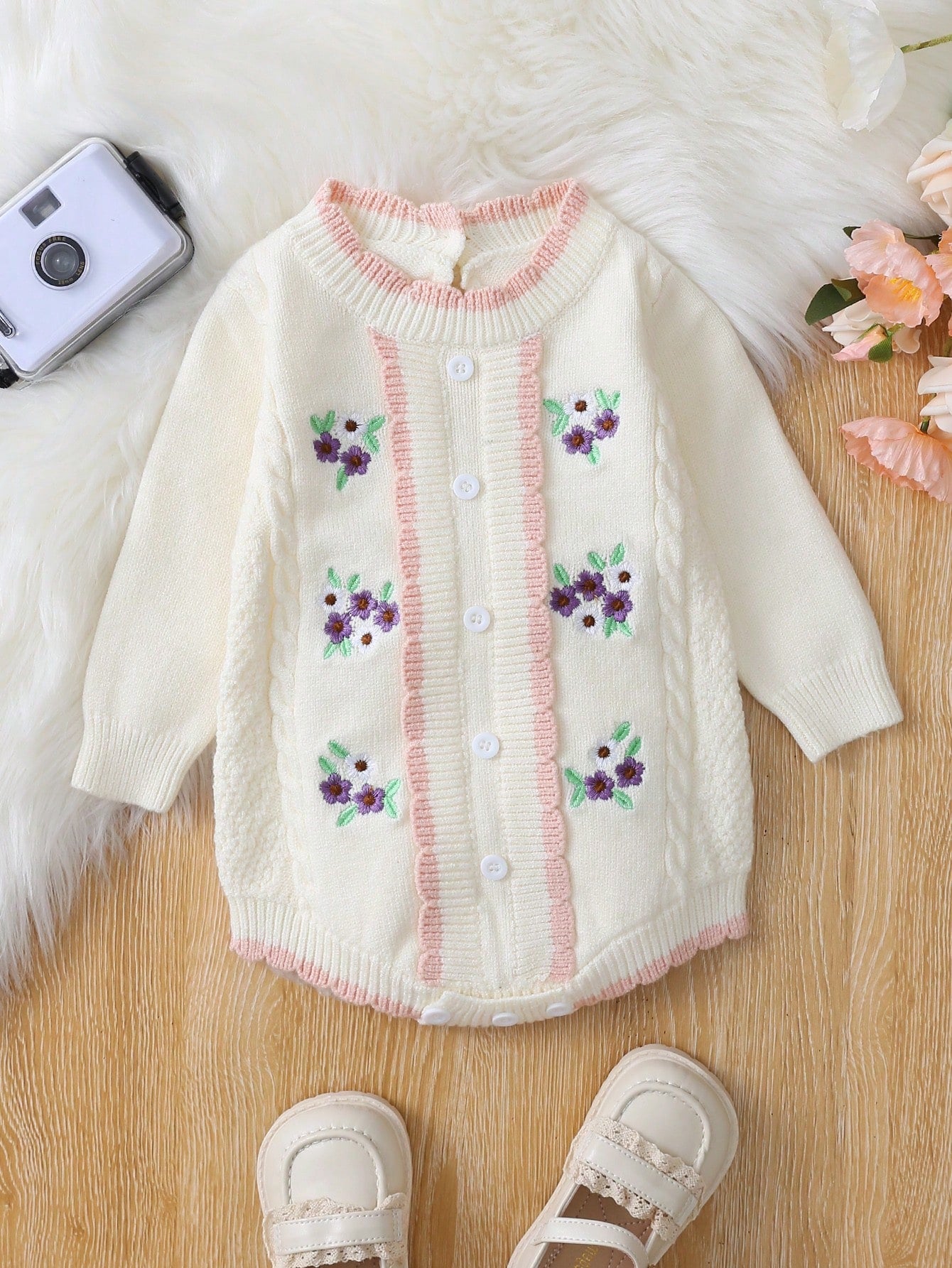 Girls Baby Floral Embroidery Contrast Binding Cable Knit Bodysuit