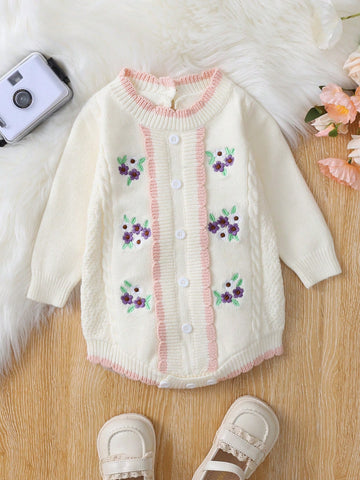 Girls Baby Floral Embroidery Contrast Binding Cable Knit Bodysuit