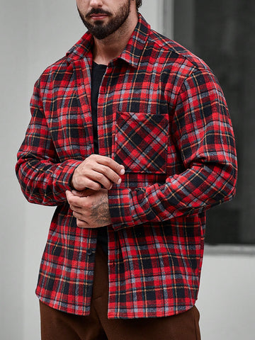 Loose Fit Plaid Print Pocketed Overcoat For Men