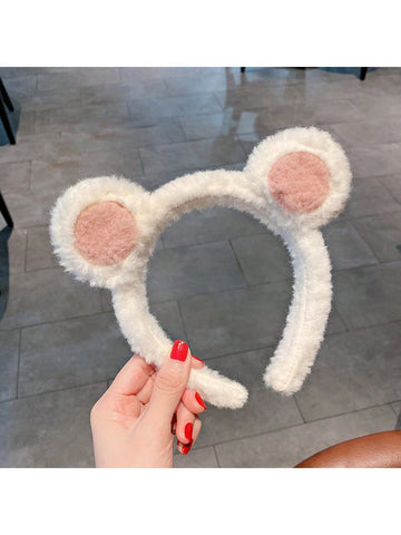 1pc Women's Multicolor Plush Round Ear Design Hair Band, Cute And Sweet Style For Daily Wear