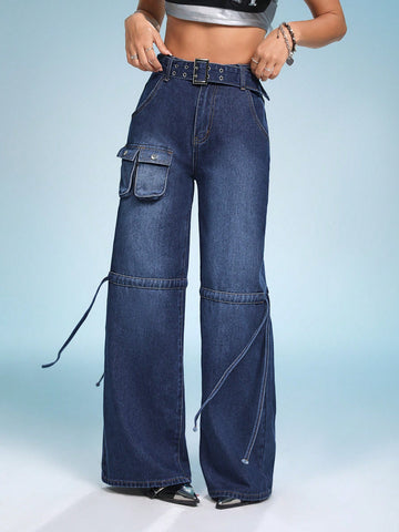 Flap Pocket Belted Wide Leg Jeans