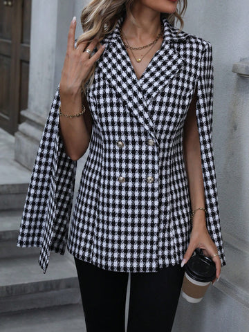 Houndstooth Print Cloak Sleeve Double Breasted Cape Blazer