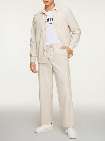 Men Solid Button Front Shirt & Drawstring Waist Pants