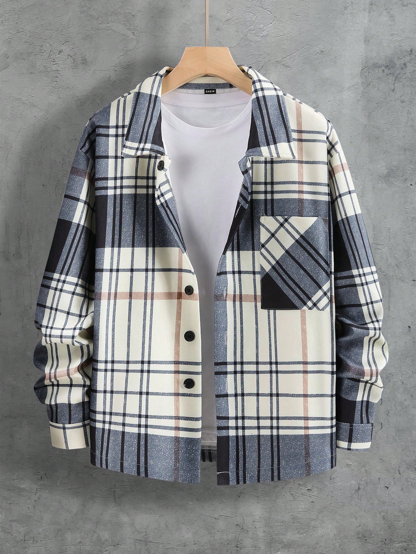 Men Plaid Print Pocket Patched Overcoat Without Tee