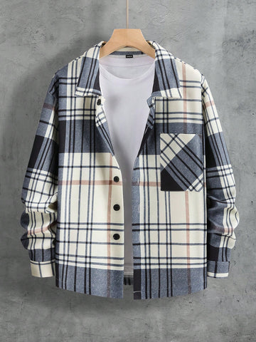 Men Plaid Print Pocket Patched Overcoat Without Tee