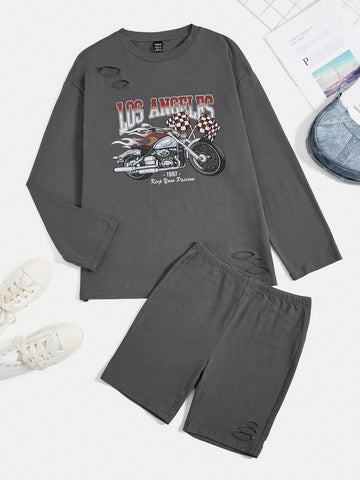 Motorcycle & Letter Graphic Drop Shoulder Tee & Shorts