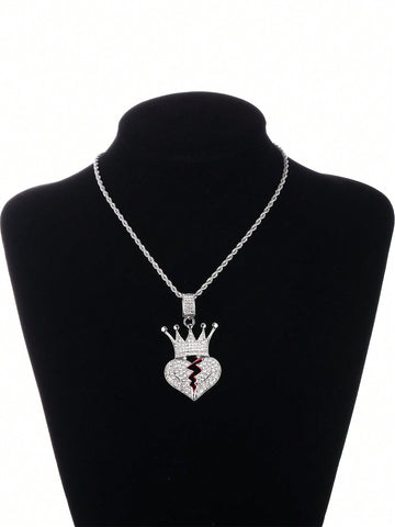 European And American Trendy Accessories, Crown & Broken Heart Pendant With Love Wound Design, Unisex Fashionable Multilayer Chain Necklace Set, Silver/gold Plated, Red Oil Drop Process, Full Drill, 20inch, For Daily Wear Or Festival Gift