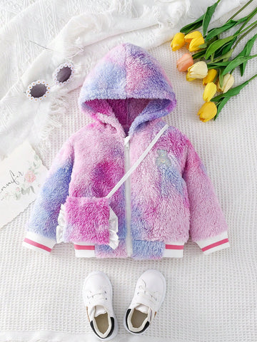 Baby Girl Tie Dye Bear Patched Striped Trim Hooded Teddy Jacket With Bag