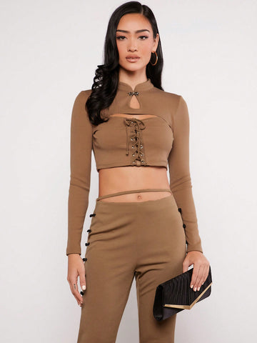 Cut Out Lace Up Front Crop Tee