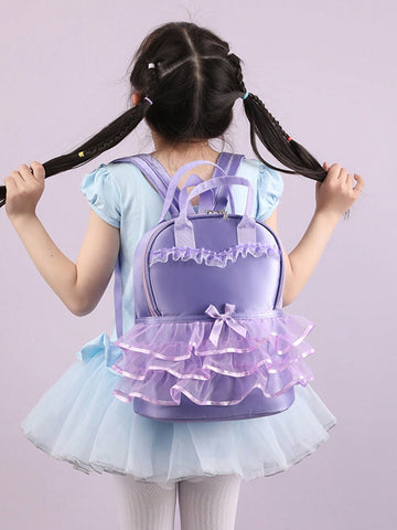 Fashionable Kids' Bowknot & Lace Ballet Dance Bag With Double Shoulder Straps, Latin School Backpack