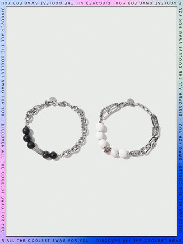 2pcs/Set Black & White Stone Design Stainless Steel Link Bracelet For Kids