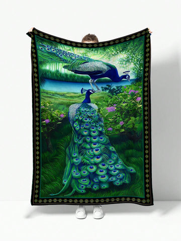 1pc Cartoon Peacock Patterned Flannel Blanket Unisex Home Bedding