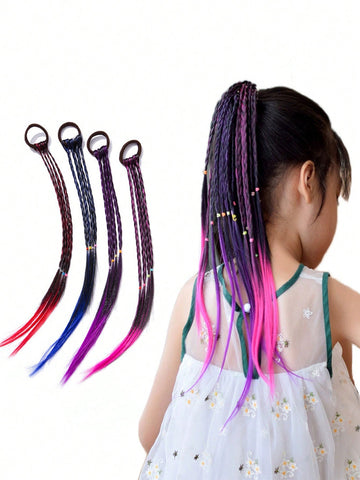 4pcs Girls' Gradient Color Hair Extensions Ponytail Holders With Synthetic Braided Hairbands, Dark Color Series