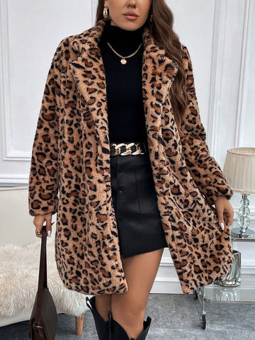 Plus Leopard Open Front Fuzzy Coat