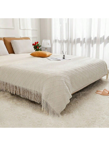 1pc Solid Color Soft And Comfortable Fringed Blanket, Suitable As Sofa Blanket, Shawl And Bed Tail Cover