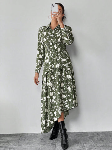 Allover Print Asymmetrical Hem Blouse & Skirt