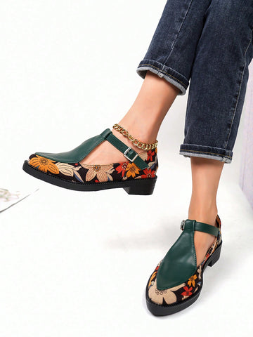2023 Autumn/winter French Style Shoes, Flower Pattern Patchwork, Vintage And Artistic Mary Jane Shoes For Women