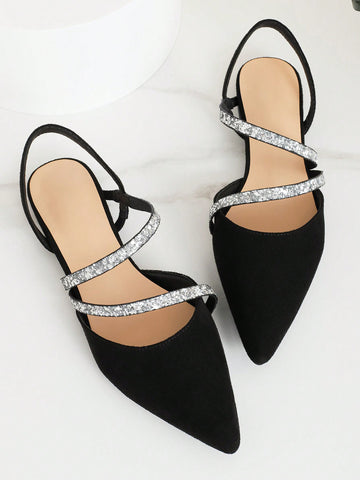 Point Toe Glitter Strap Slingback Flats, Women's Black Glitter Solid Color Flat Shoes With Back Strap
