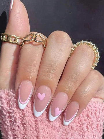 24pcs Short Almond Shaped False Nails, Pink Heart & Waterdrop French Nail Tips, Cute Manicure Set With 1pc Jelly Gel And 1pc Nail File