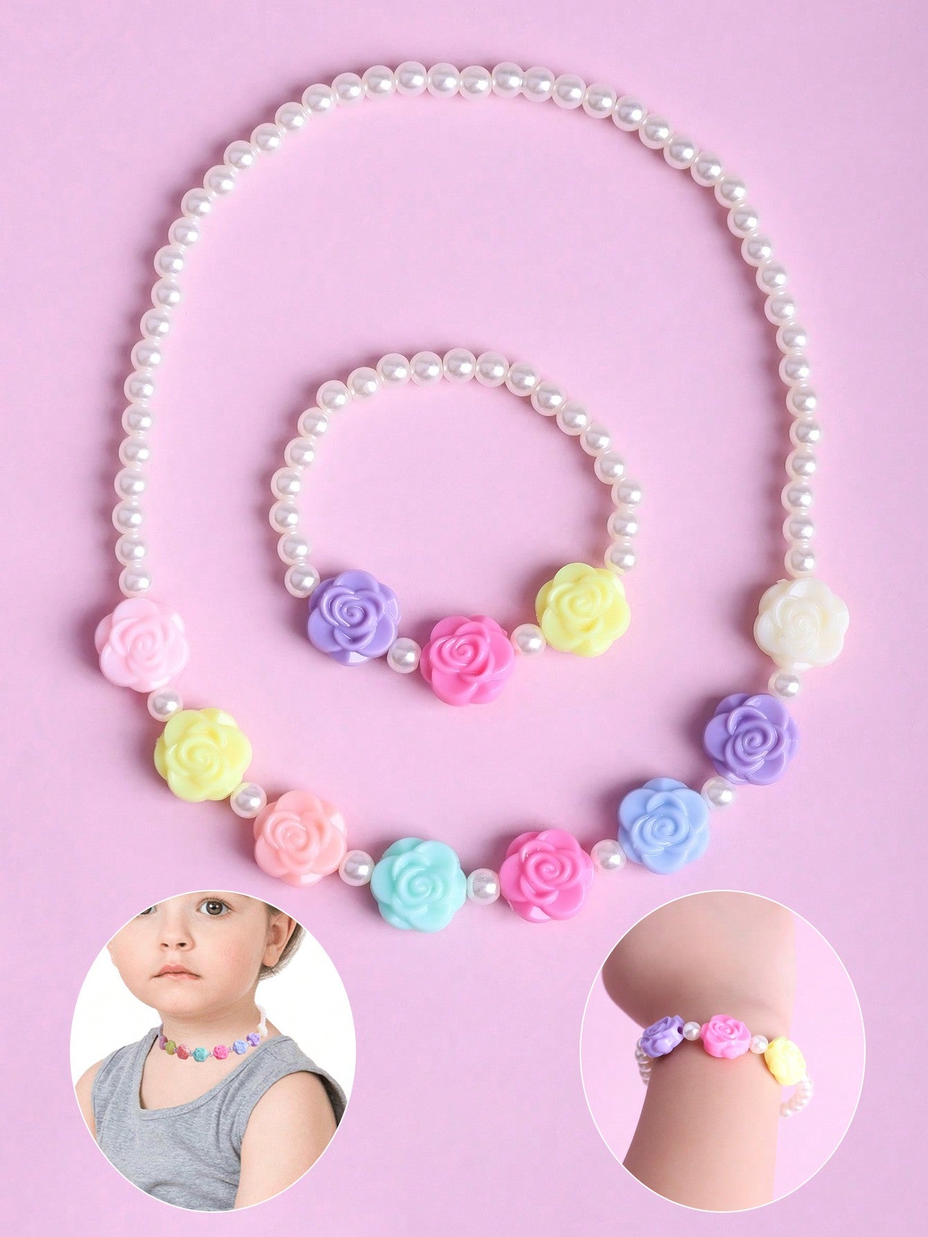 2pcs Children's Cute Rose & Pearl Beaded Bracelet & Necklace Set Suitable For Amusement Park Performance Props And Birthday Gifts