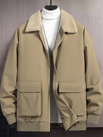 Men's Oversized Winter Coat With Borg Collar, Flap Pockets And Drop Shoulders (Sweater Not Included)