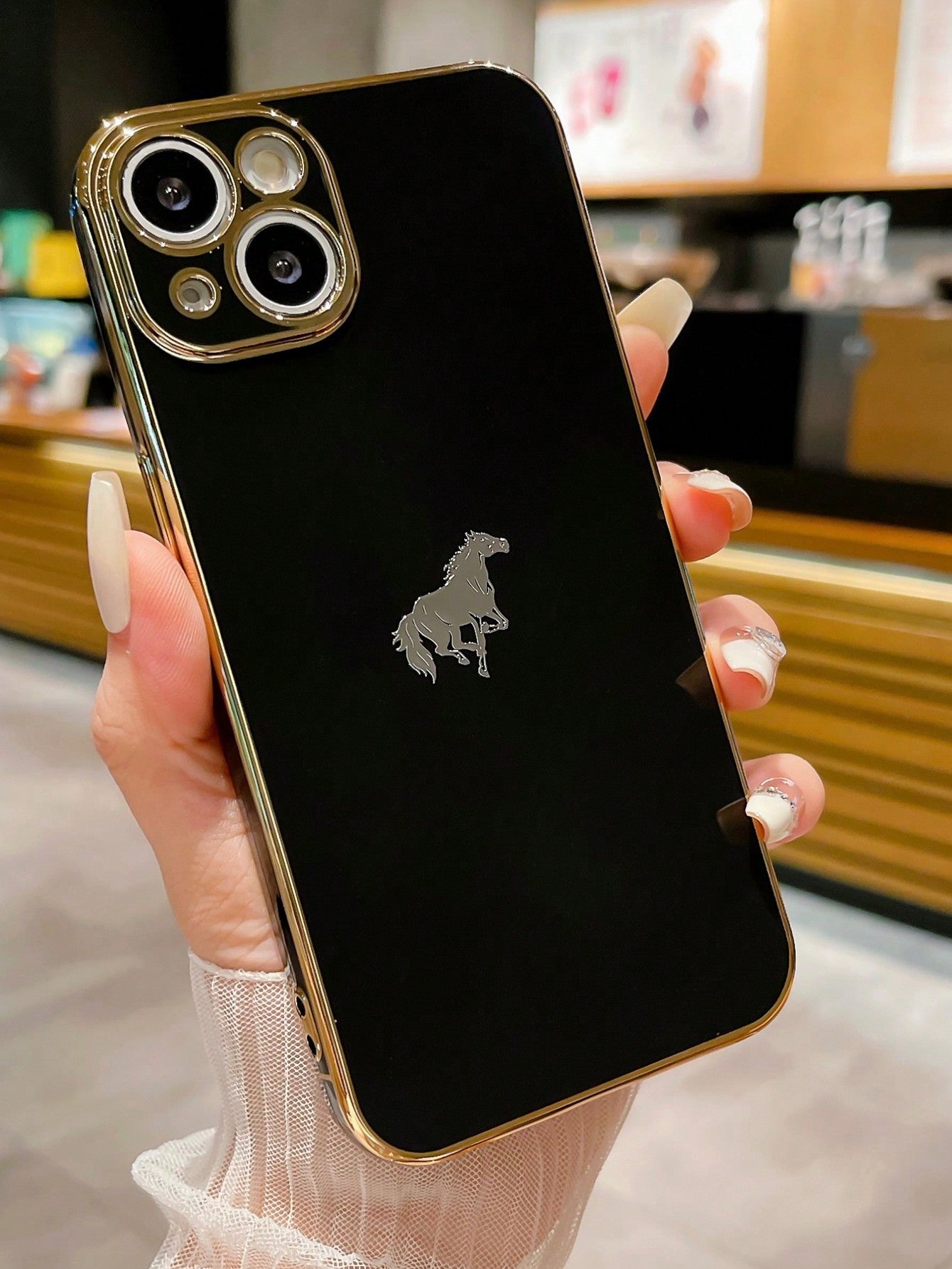 1pc Solid Color Black Electroplated Tpu Shockproof + Metallic Horse Logo Phone Case Compatible With Iphone