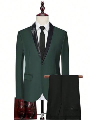 Men 1pc Shawl Collar Blazer & 1pc Suit Pants
