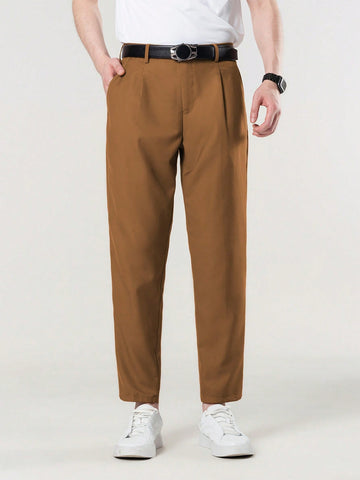 Men Slant Pocket Fold Pleated Suit Pants Without Belt