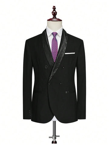 Men 1pc Contrast Panel Shawl Collar Double Breasted Blazer