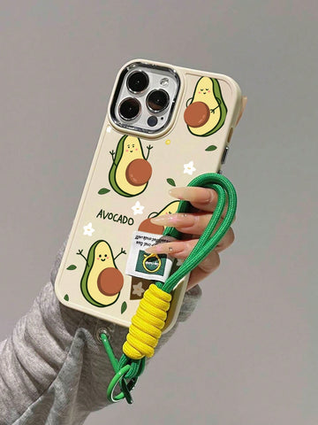 1pc Avocado & Small White Flower Pattern Frosted Textured Metal Camera And Electroplated Button Wrapped Phone Case + 1pc Nylon Hanging Rope Wrist Strap, Compatible With Iphone