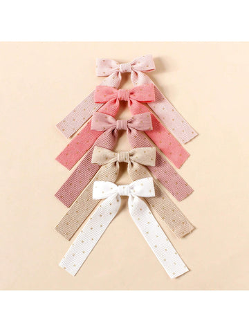5pcs Girls' Gold Dotted Velvet Weave Ribbon Long Tail Hair Clip With Bow, Suitable For Ponytail