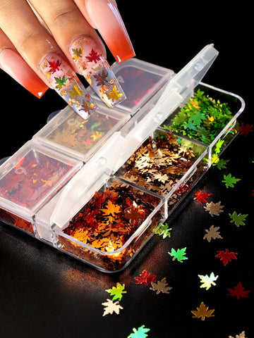 6 Grids Holographic Maple Leaves Nail Glitter Sequins Autumn Decorations