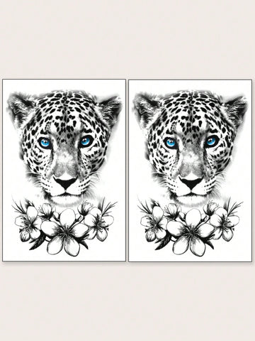2pcs Black Spotted Leopard & Flowery Pattern Large Temporary Tattoo Sticker For Arm, Chest, Abdomen, Back, Cover Scars