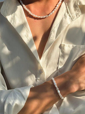 1pc Vintage & Fashionable Baroque White Irregular Shaped Faux Pearl Necklace & Bracelet Set For Men's Daily Wear