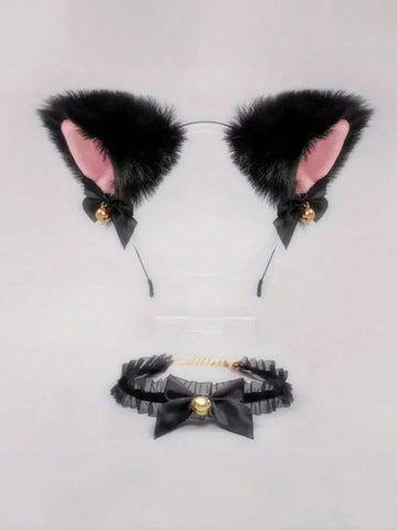 2pcs/set Cute Black Cat Ear Headband And Bell Collar