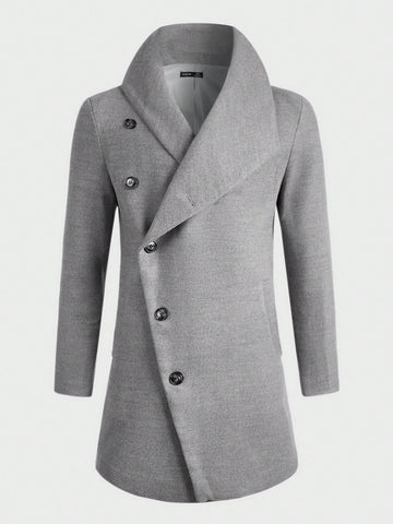Men Asymmetrical Neck Button Front Overcoat