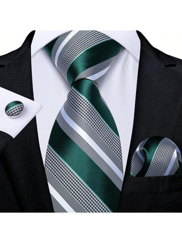 DiBanGu Green Striped Mens Silk Tie Classic Necktie Cufflink Hanky Set Wedding
