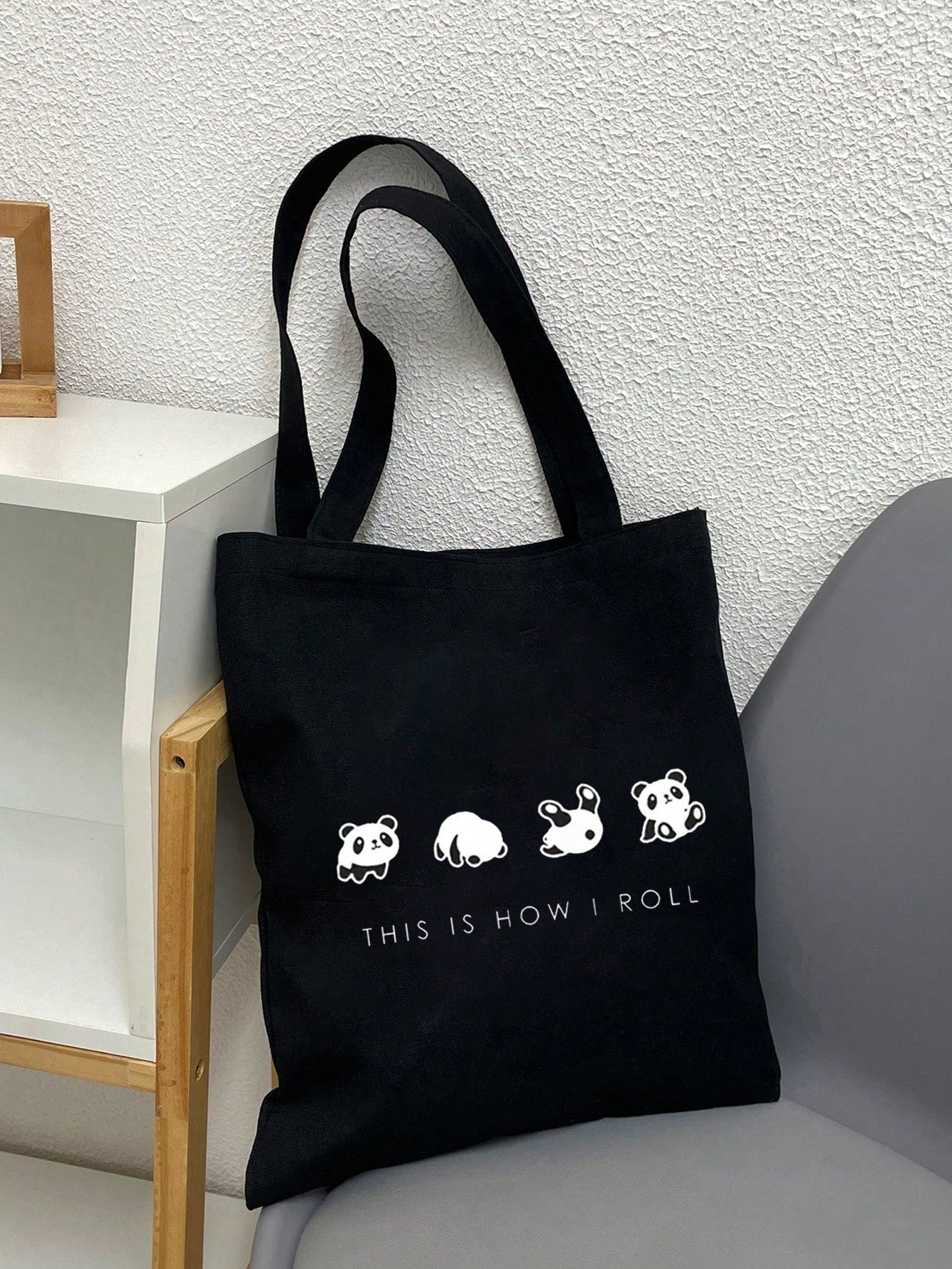 1pc Cute Panda Pattern Large Capacity Canvas Shoulder Bag Tote Bag, Contrasting Color Alphabet Map Casual Simple Shopping Bag Going Out Shopping Personal Items Organizer College Bag Hot Sale
