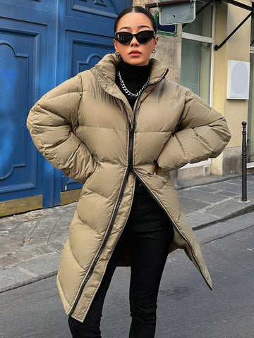 Solid Zip Up Hooded Puffer Thick Pockets Coat