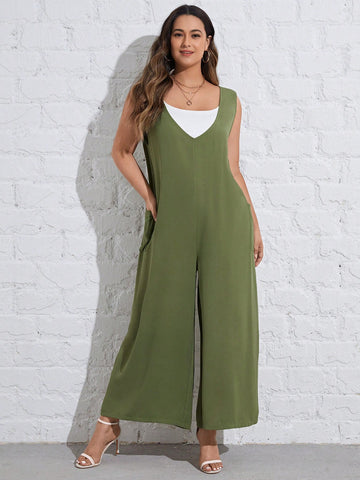 Plus Solid Wide Leg Jumpsuit Without Tube Top