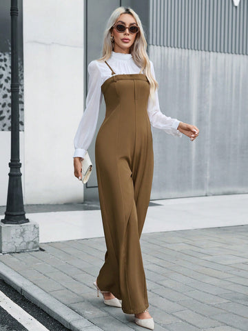 Solid Wide Leg Overall Jumpsuit Without Blouse