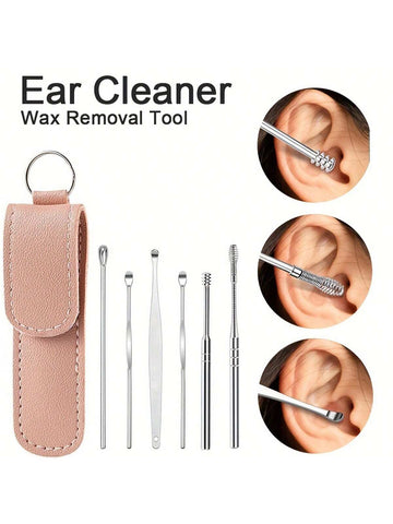 6pcs/set Stainless Steel Ear Digging Tool With Case, Including Spiral Spring Ear Spoon