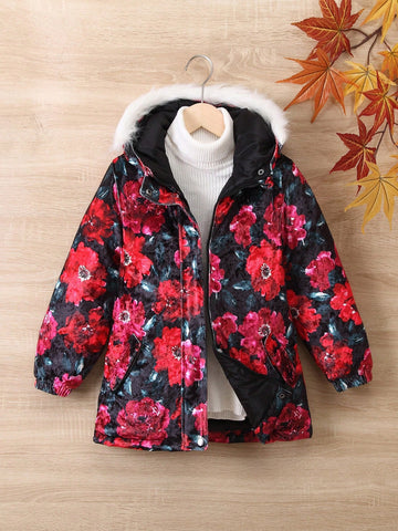 Young Girls Floral Print Fuzzy Trim Hooded Thermal Lined Zip Up Coat Without Sweater